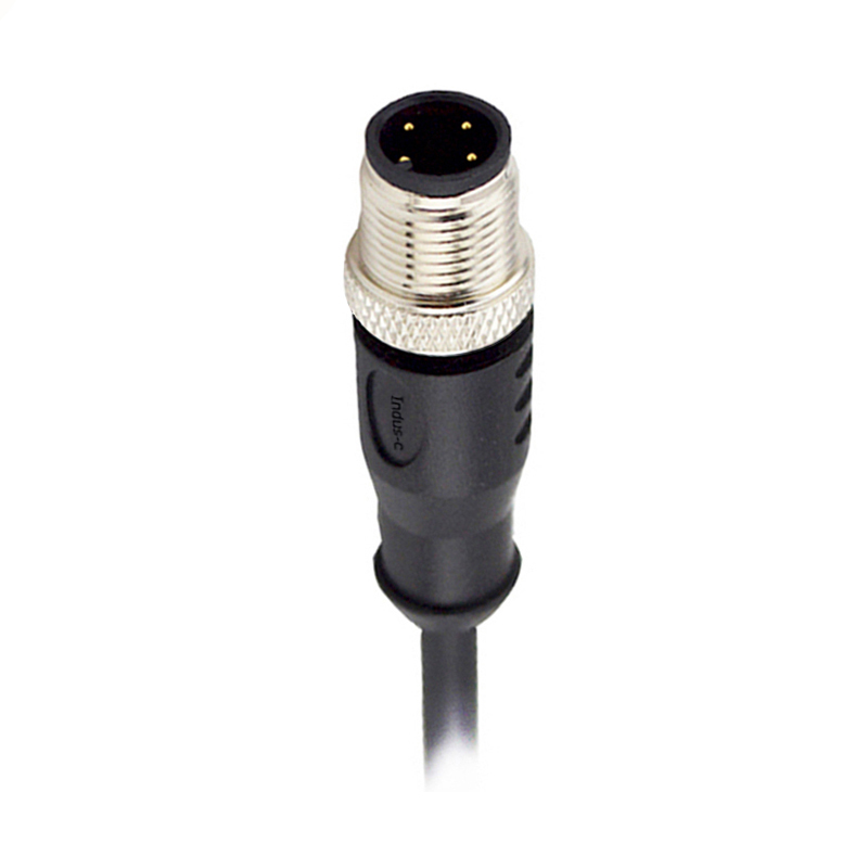 M12 4pins A code male straight molded cable,unshielded,PVC,-10°C~+80°C,22AWG 0.34mm²,brass with nickel plated screw